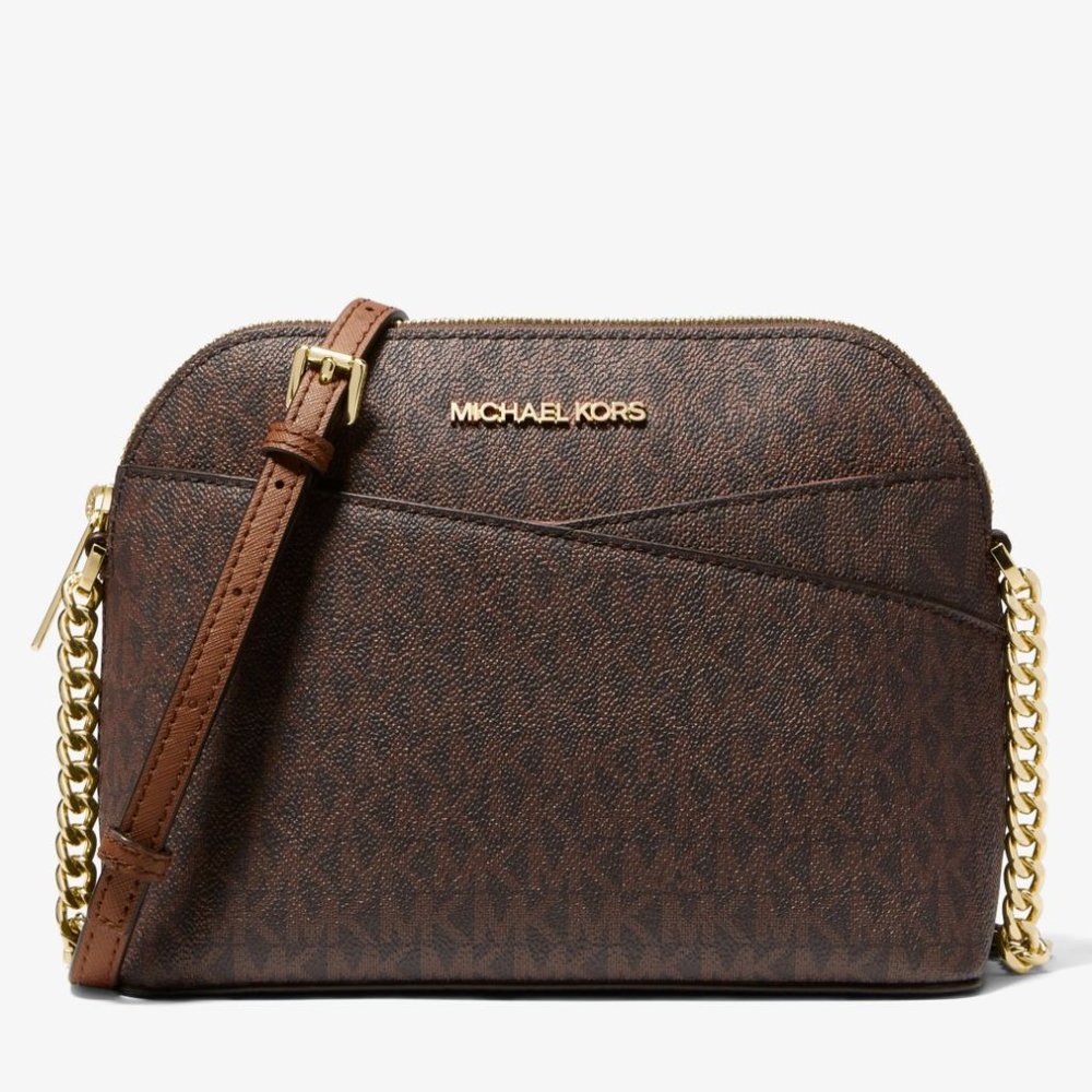New Michael Kors Jet Set Travel Medium Logo Dome Crossbody Brown